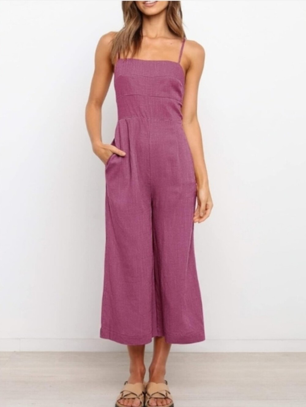 NWT-Anrabeas Women's Sphagetti Tie Back Sleeveless Wide Leg Pockets Jumpsuit. - Picture 3 of 4